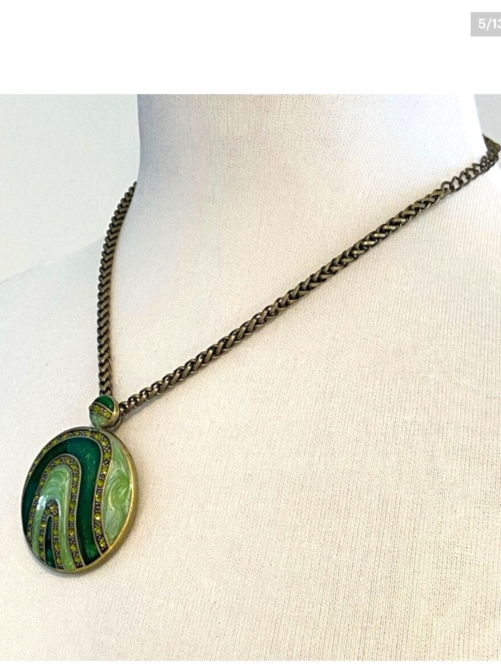 Y2K Green Art Deco Inspired Medallion Necklace With Bronze Chain Statement Jewel